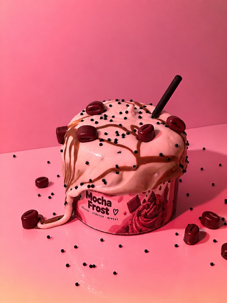Mocha Frost slime jar with chocolate drizzle, coffee beans and a straw